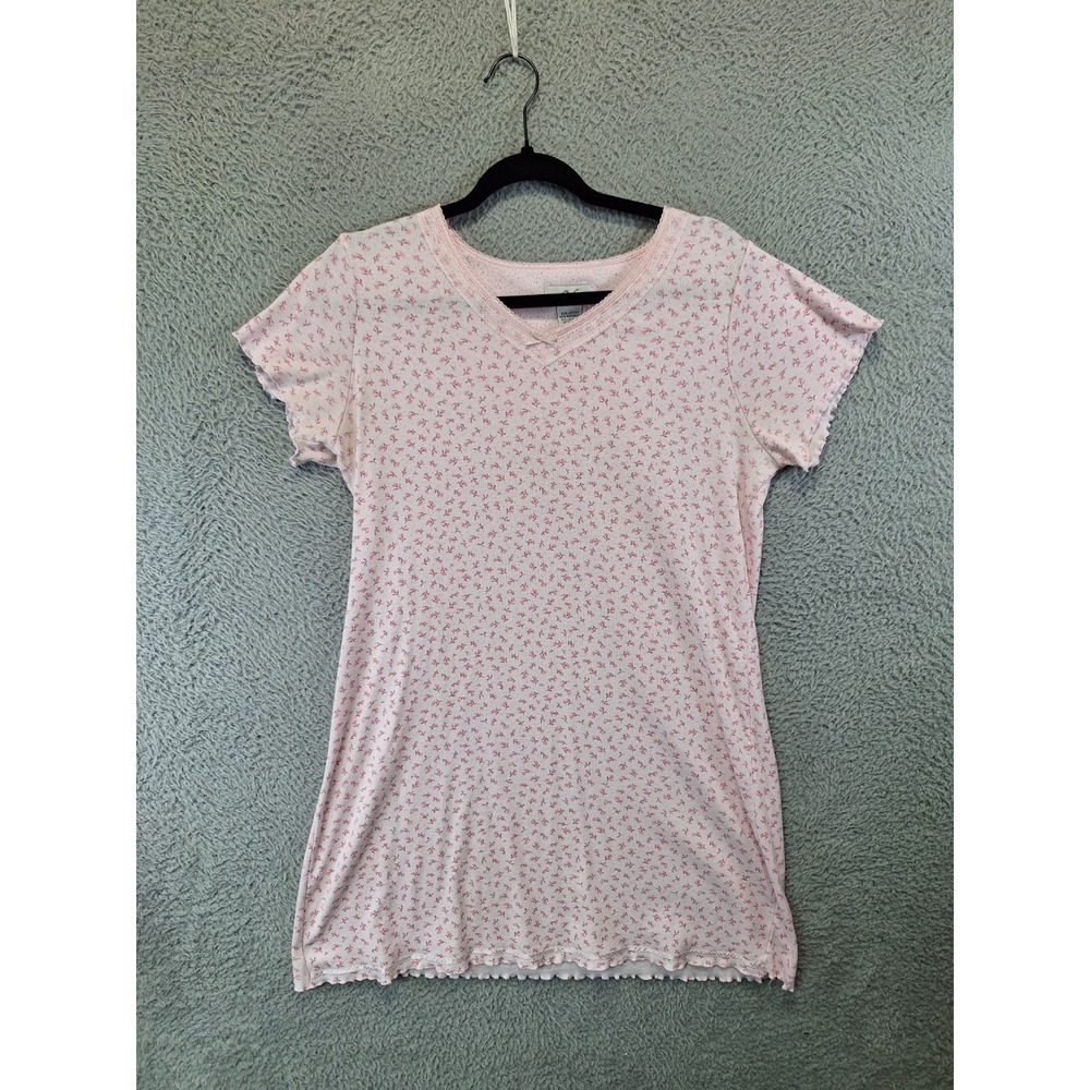 Villager by Liz Claiborne T Shirt Womens Small White Pink Ditsy Floral V Neck